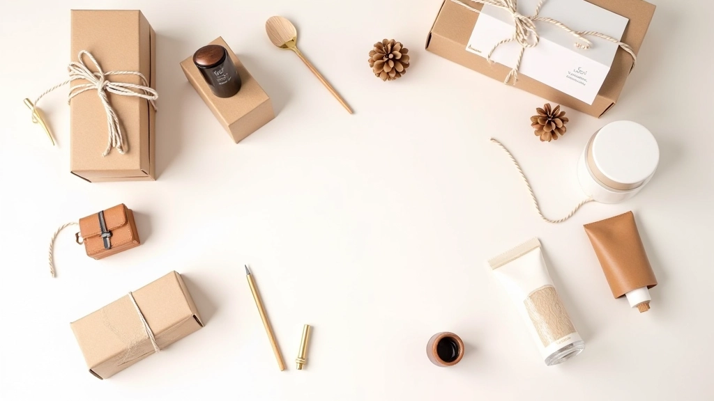 Collection of curated items including notebooks, pens, and wellness products arranged on minimalist surface