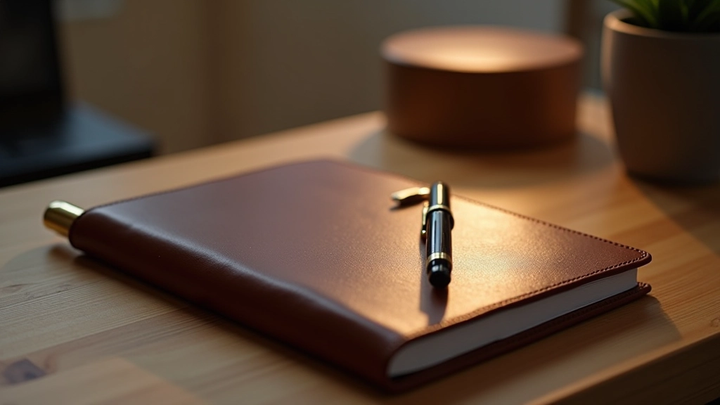 Desk with premium notebook, fountain pen, and leather desk organizer in professional office setting