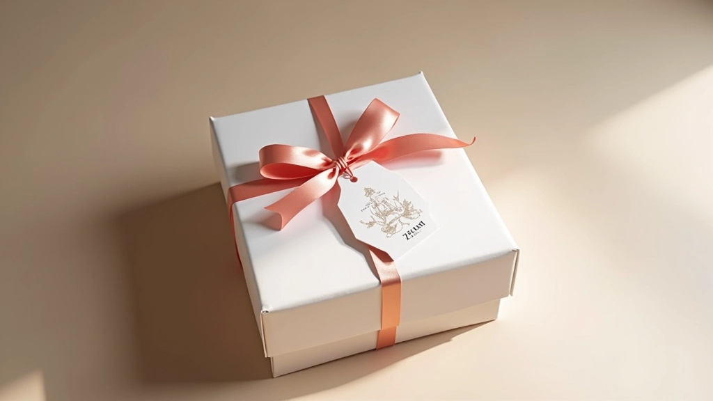 Luxury gift box wrapped with premium tissue paper, branded ribbon, and custom gift tag on neutral background with soft lighting