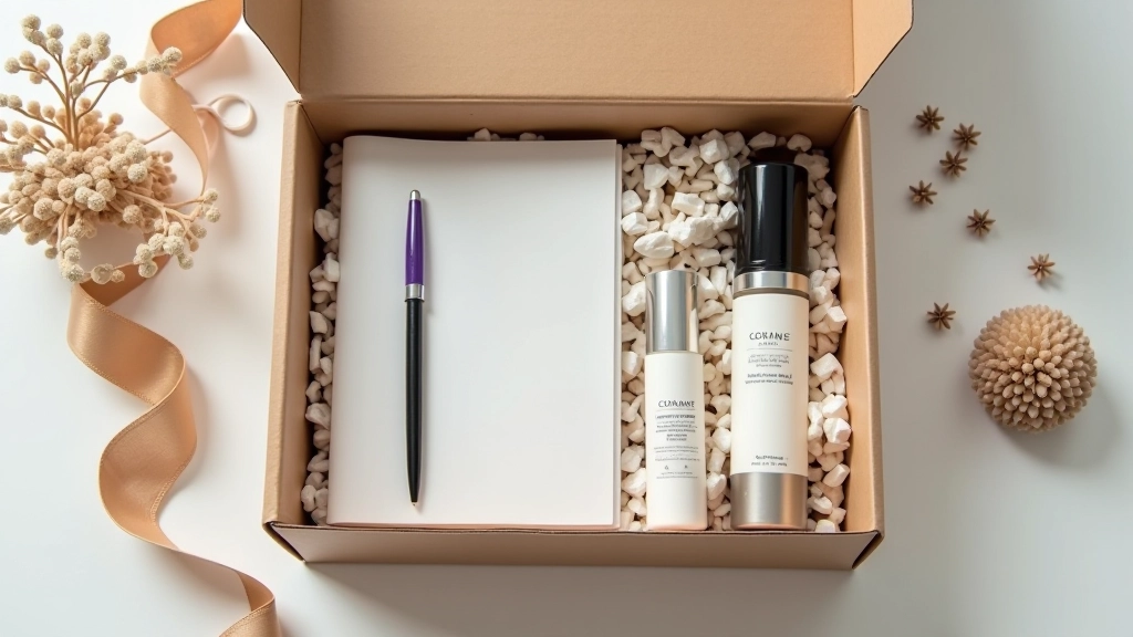Overhead view of assembled gift items including premium notebook, luxury pen, and curated wellness products arranged in custom box