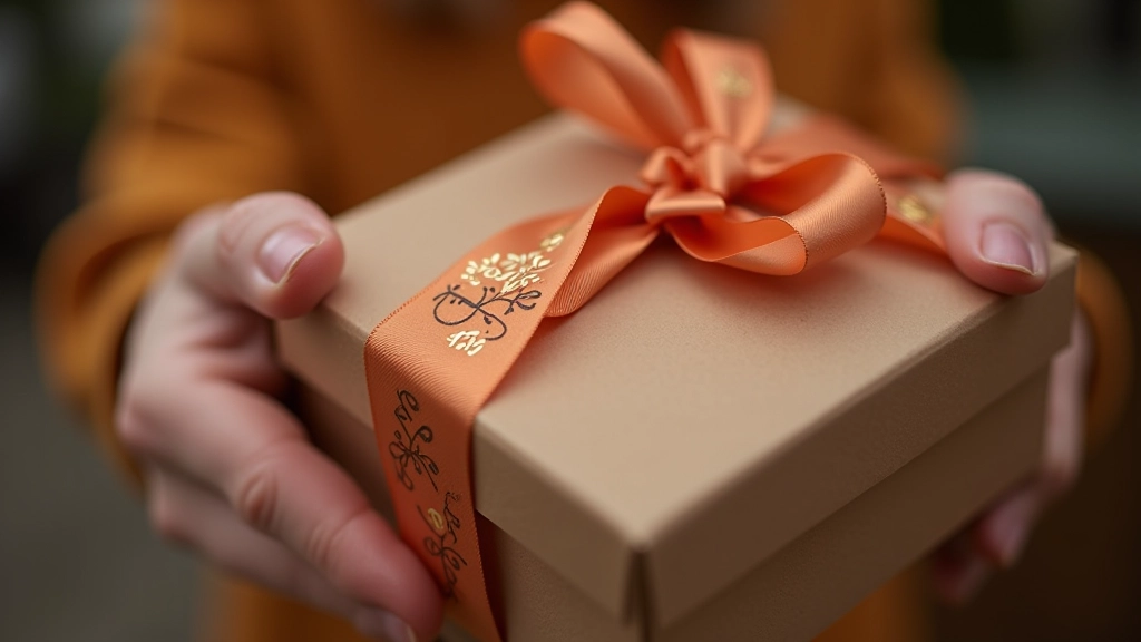 Close-up of premium gift box detail showing branded ribbon, embossed logo, and elegant tissue paper layering with soft natural lighting