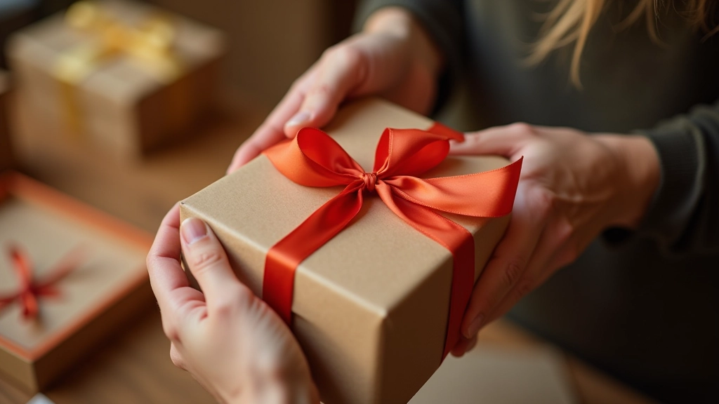 Hands tying ribbon around wrapped gift box with branded packaging tape and decorative elements