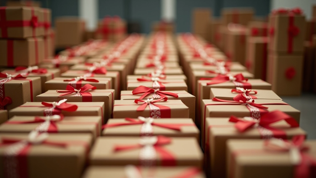 Holiday gift boxes arranged in rows ready for distribution