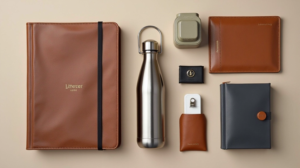 Luxury lifestyle items including premium water bottle, travel journal, and personalized items displayed together