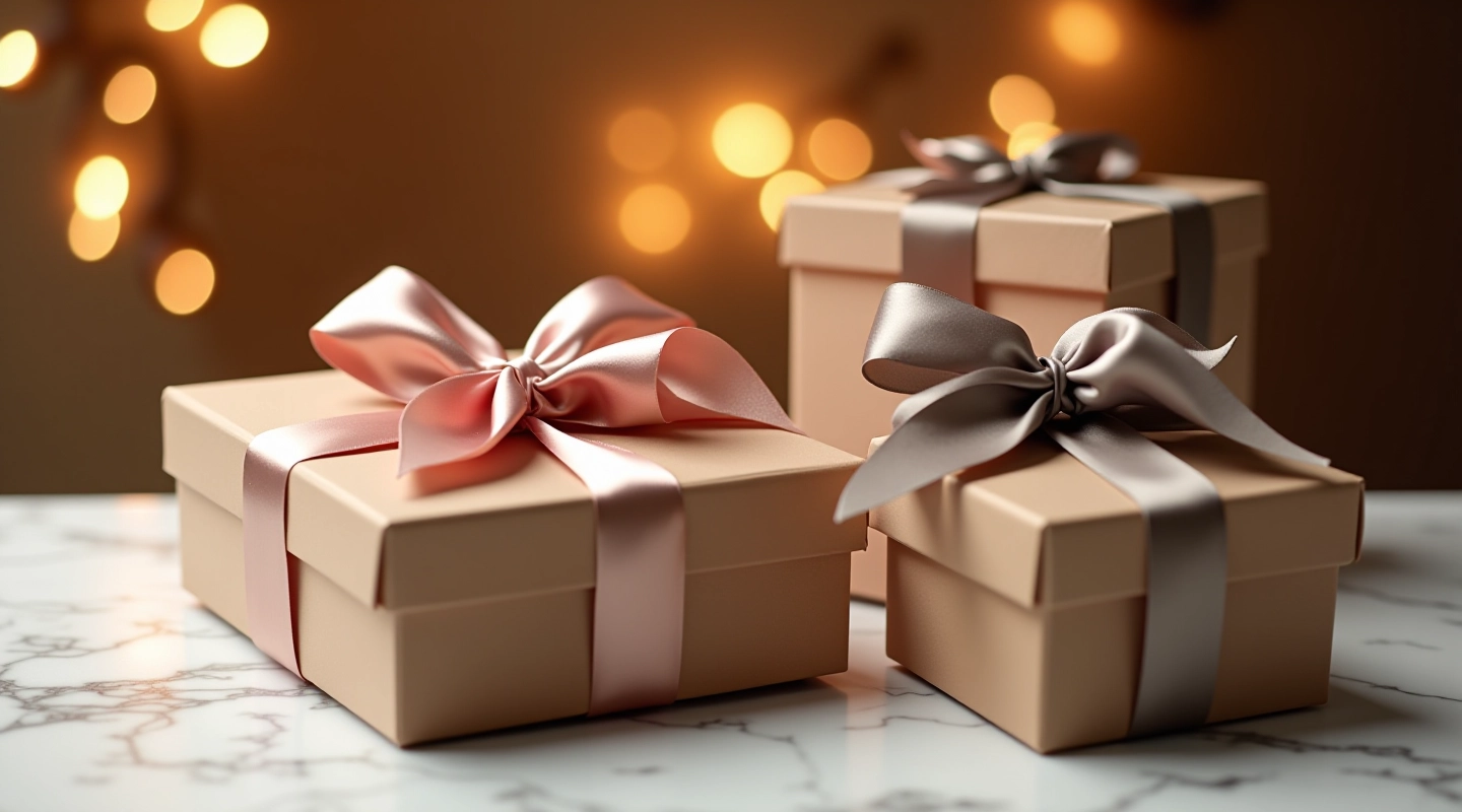 Professional corporate gift boxes with custom branding and ribbon wrapping arranged on elegant surface with warm lighting