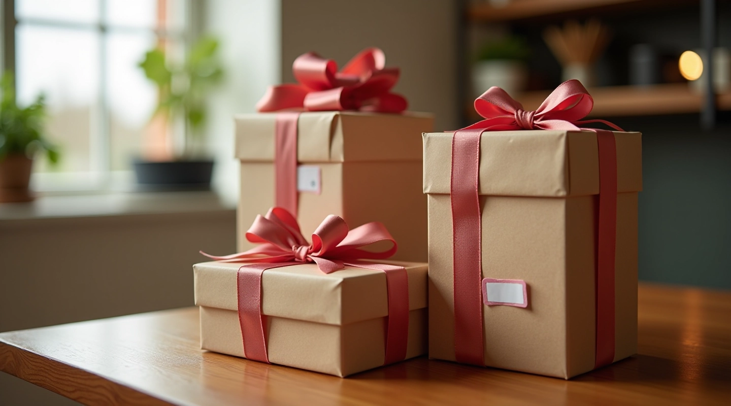 Luxury gift boxes with ribbons and branded labels arranged on wooden surface with natural light