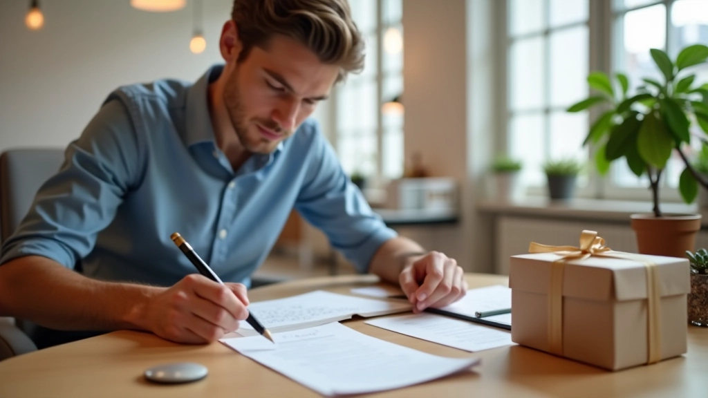 Person reviewing gift selection samples at desk with branded materials and checklist paperwork