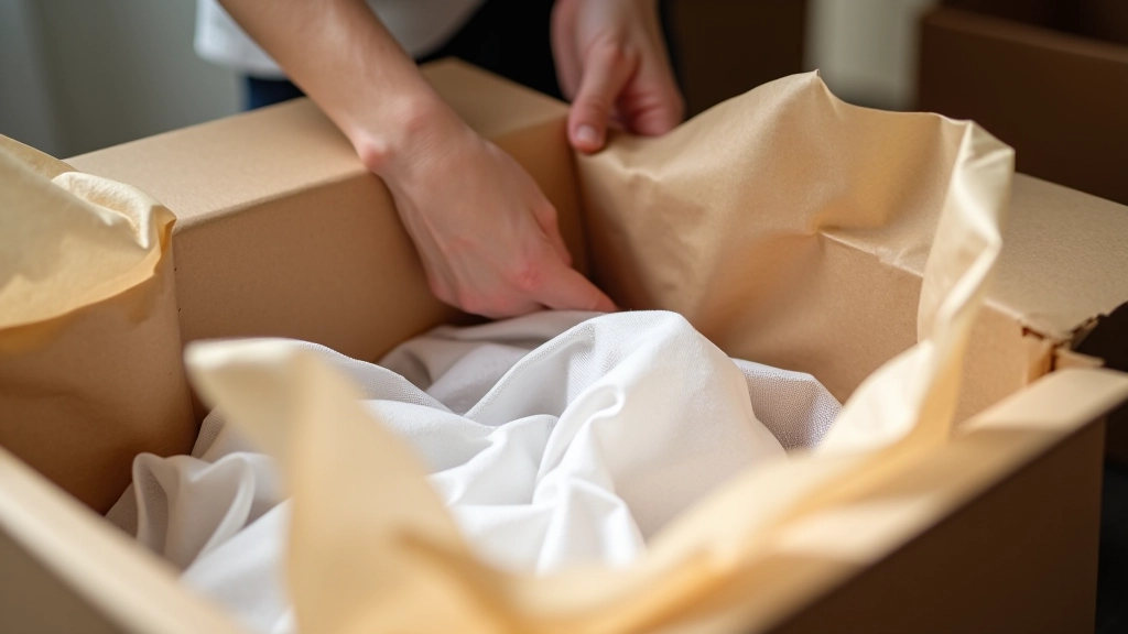 Hands placing kraft paper and bubble wrap inside cardboard box with multiple protective layers visible from above