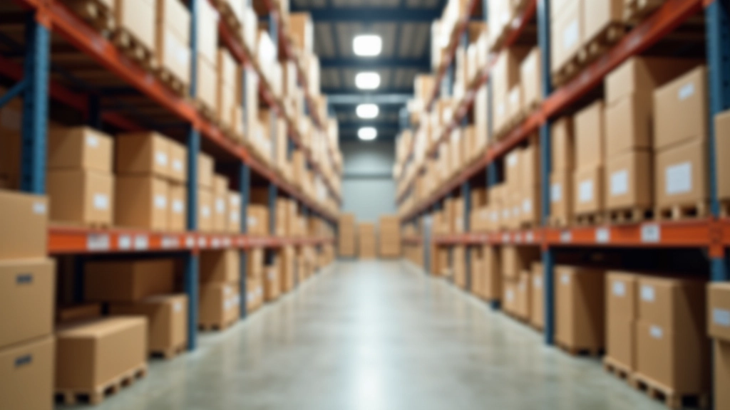 Warehouse shelving with organized branded gift boxes stacked and labeled, ready for distribution shipping